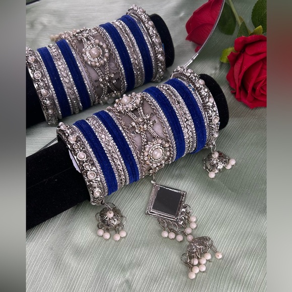 Beautiful Silver and Blue Bangles with Pearl Accents - Picture 5 of 8